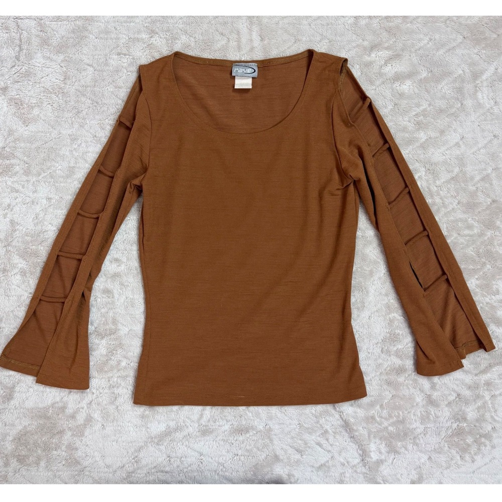 Vintage Rave Y2K Cognac Brown Ladder Cutout Flare Sleeve Top Small Made in USA